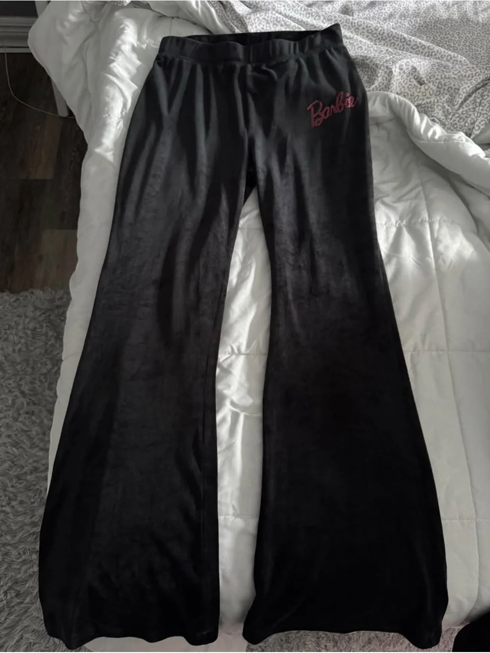 BARBIE 💖 Black Velour Pants with Pink Rhinestone Logo - Picture 2 of 5
